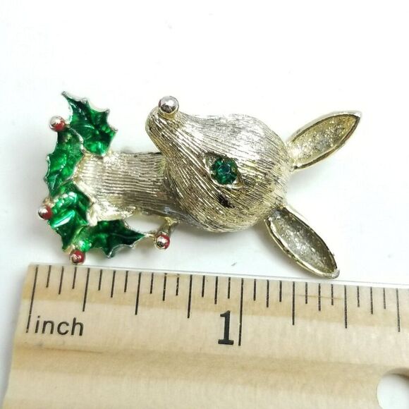 Vintage Gerry's Christmas Deer Brooch, Gold Tone Green Enamel Rhinestone Eye - Picture 6 of 7